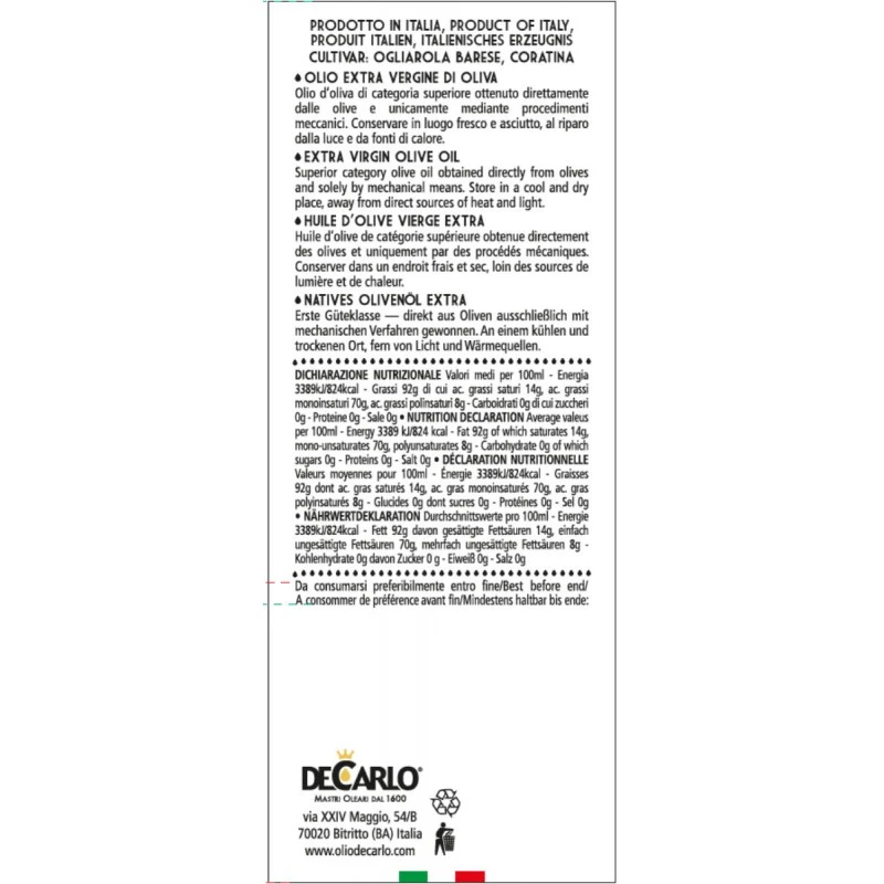 De CarloExtra Virgin Olive Oil Il Classico 500ml 2 De CarloExtra Virgin Olive Oil Il Classico 500ml - Image 2