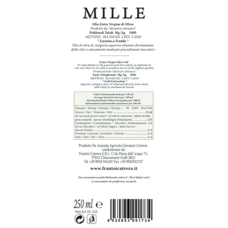 CutreraExtra Virgin Olive Oil Mille 250ml 2 CutreraExtra Virgin Olive Oil Mille 250ml - Image 2
