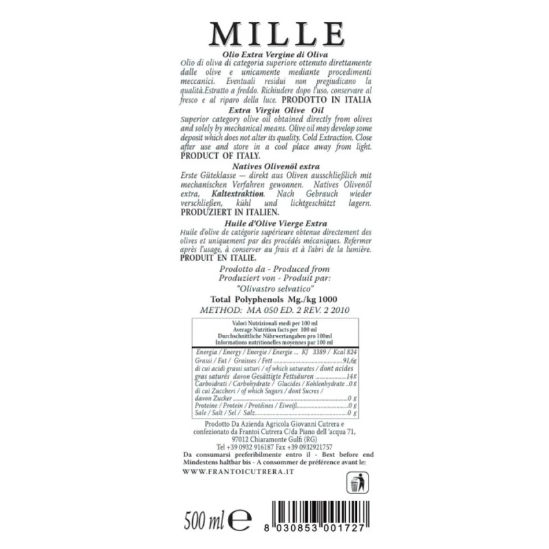 CutreraExtra Virgin Olive Oil Mille 500ml 2 CutreraExtra Virgin Olive Oil Mille 500ml - Image 2