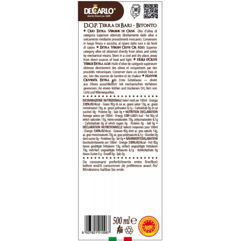 De CarloExtra Virgin Olive Oil PDO Tenuta Torre Di Mossa 500ml 2 De CarloExtra Virgin Olive Oil PDO Tenuta Torre Di Mossa 500ml - Image 2