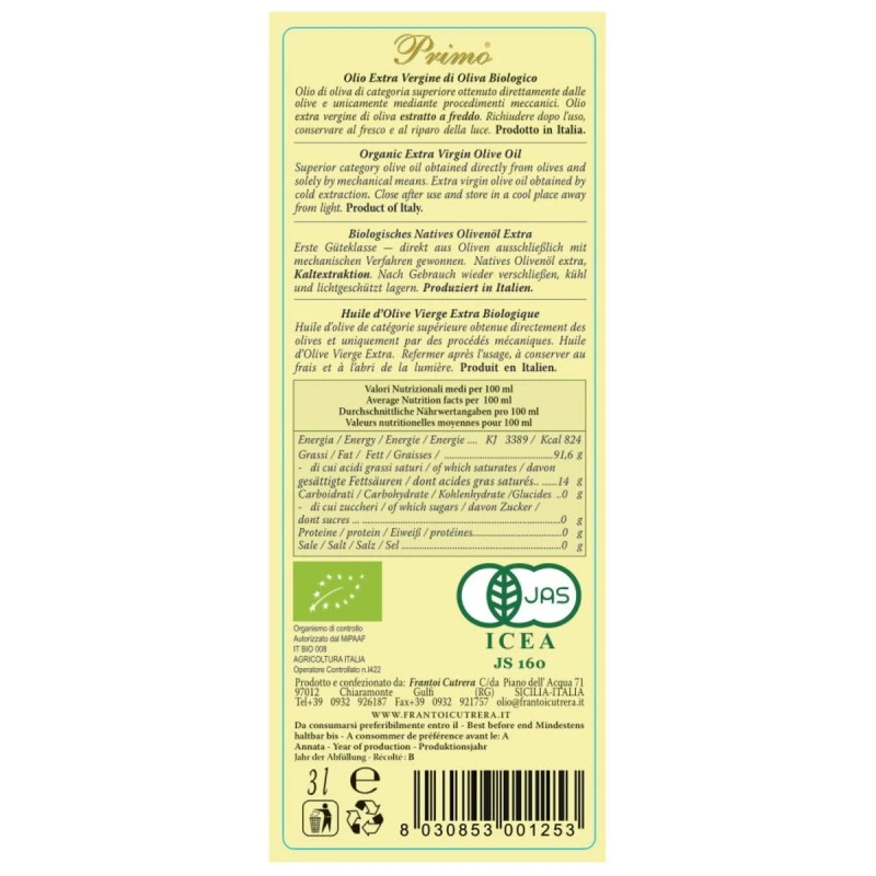 CutreraExtra Virgin Olive Oil Primo Bio Can 3l 2 CutreraExtra Virgin Olive Oil Primo Bio Can 3l - Image 2