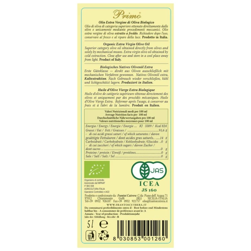 CutreraExtra Virgin Olive Oil Primo Bio Can 5l 2 CutreraExtra Virgin Olive Oil Primo Bio Can 5l - Image 2