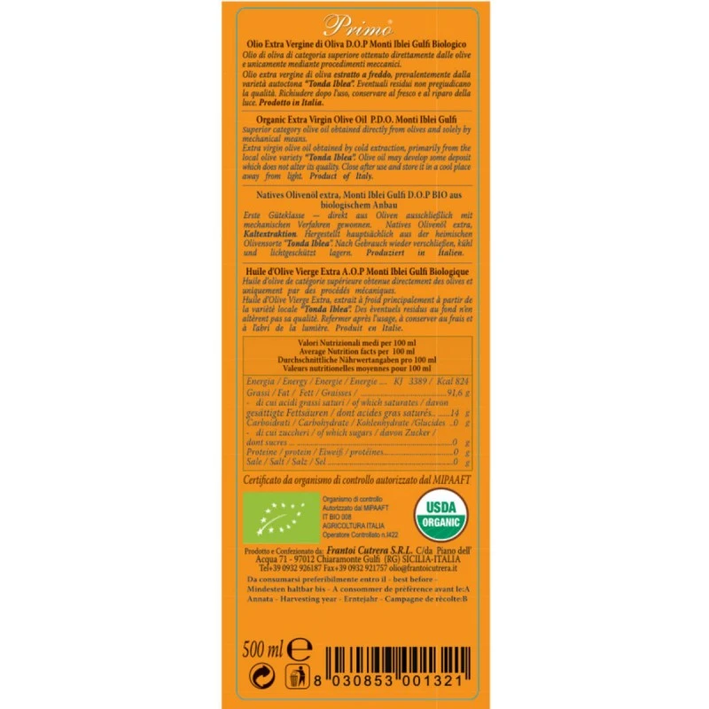 CutreraExtra Virgin Olive Oil Primo Double Dop Bio 500ml 2 CutreraExtra Virgin Olive Oil Primo Double Dop Bio 500ml - Image 2