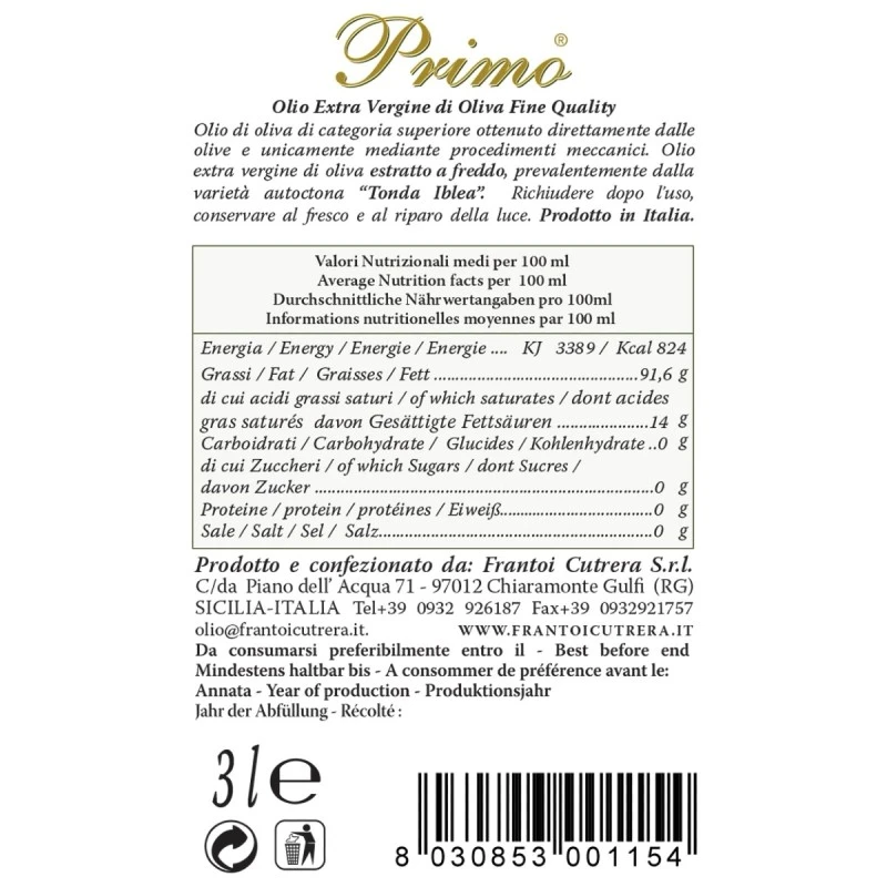 CutreraExtra Virgin Olive Oil Primo Fine Quality Can 3l 2 CutreraExtra Virgin Olive Oil Primo Fine Quality Can 3l - Image 2