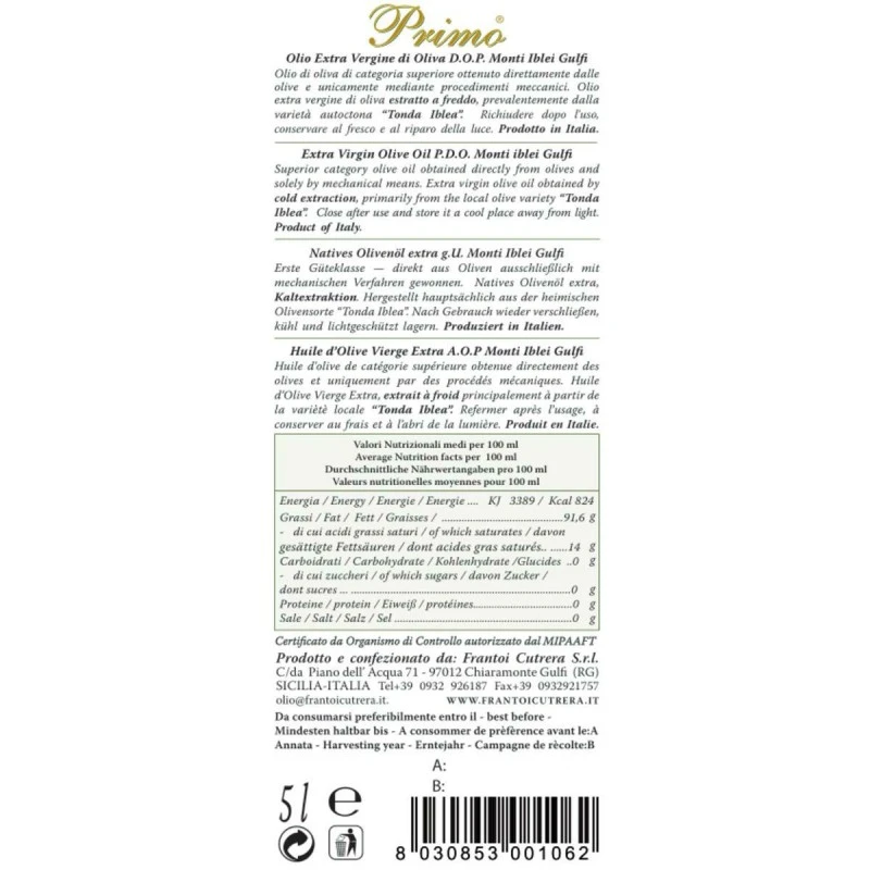 CutreraExtra Virgin Olive Oil Primo PDO Monti Iblei Can 5l 2 CutreraExtra Virgin Olive Oil Primo PDO Monti Iblei Can 5l - Image 2