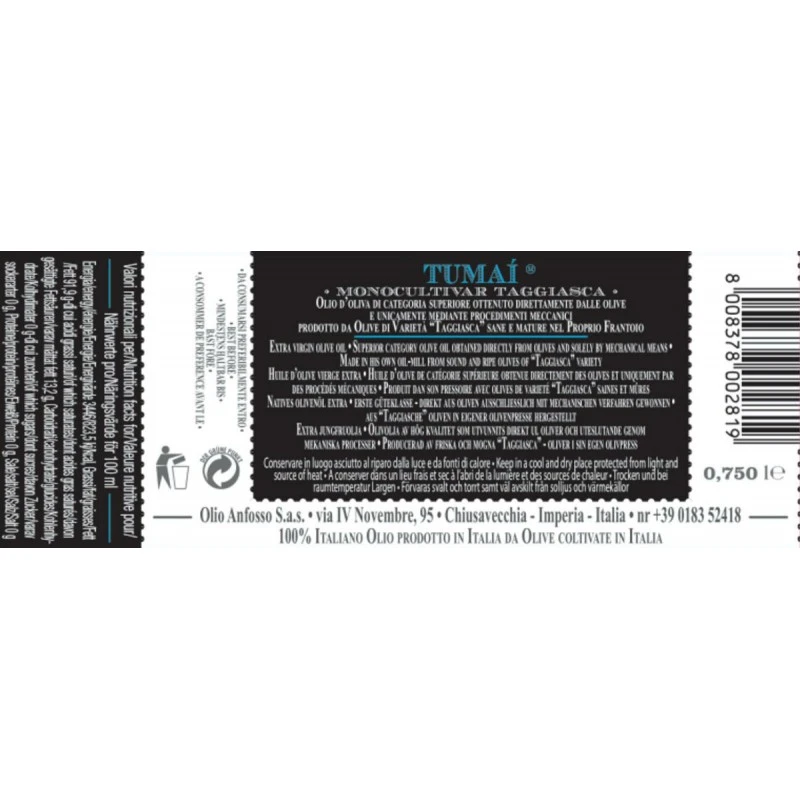 AnfossoExtra Virgin Olive Oil TUMAI Monocultivar Taggiasca 750ml 2 AnfossoExtra Virgin Olive Oil TUMAI Monocultivar Taggiasca 750ml - Image 2